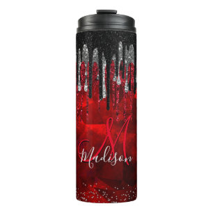 Chic Black Red Silver Glitzer Tropfen Monogramm Thermosbecher