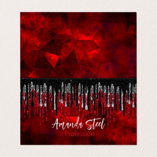 Chic Black Red Silver Glitzer Tropfen Monogramm Visitenkarten (Außenseite Aufgefaltet)