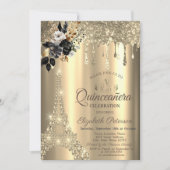 Chic Black Rose Eiffel Tower Gold Tropfen Einladung (Vorderseite)