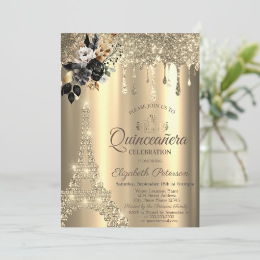 Chic Black Rose Eiffel Tower Gold Tropfen Einladung (Stehend Vorderseite)