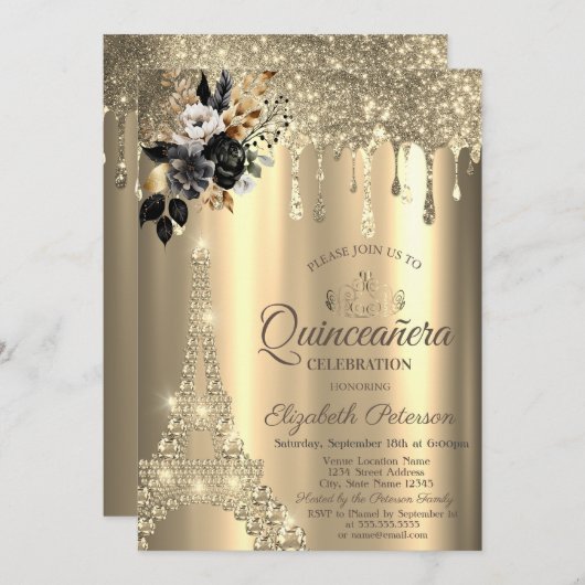 Chic Black Rose Eiffel Tower Gold Tropfen Einladung (Vorne/Hinten)