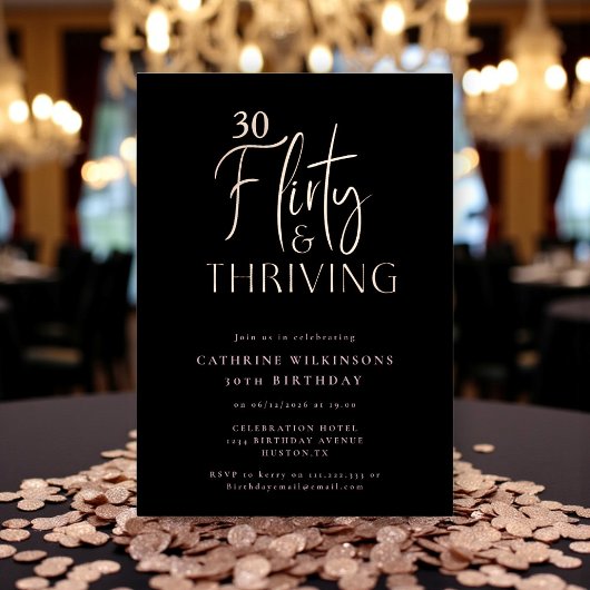 Chic Black & Rose Gold 30. Geburtstag Einladung