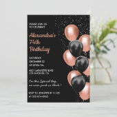 Chic Black Rose gold 74. Geburtstag Einladung (Stehend Vorderseite)