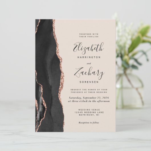 Chic Black Rose Gold Agate Beige Hochzeit Einladung (Stehend Vorderseite)