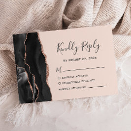 Chic Black Rose Gold Agate Blush Wedding RSVP Karte