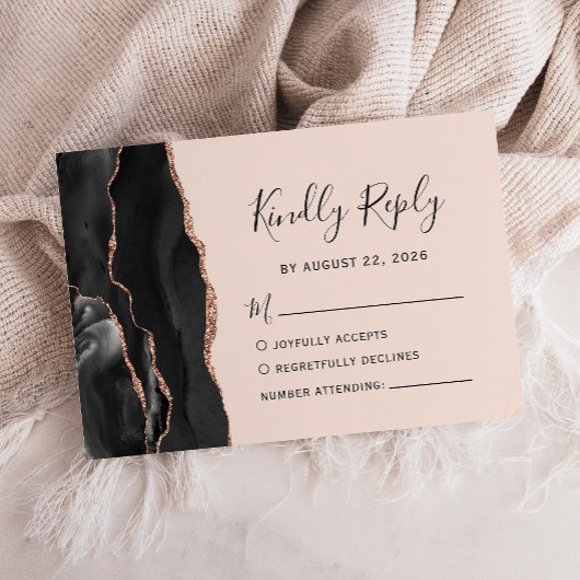 Chic Black Rose Gold Agate Blush Wedding RSVP Karte