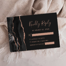 Chic Black Rose Gold Agate Dark Wedding RSVP Karte