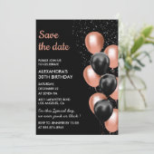 Chic Black Rose Gold Ballon 30. Save the Date Einladung (Stehend Vorderseite)