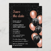 Chic Black Rose Gold Ballon 30. Save the Date Einladung (Vorne/Hinten)