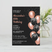 Chic Black Rose Gold Balloons 88. Einladung (Stehend Vorderseite)