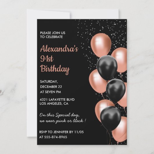 Chic Black Rose Gold Balloons 91. Geburtstag Einladung (Vorderseite)