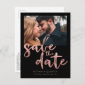 Chic Black Rose Gold Foil Skript Save the Date Ankündigungspostkarte (Vorne/Hinten)