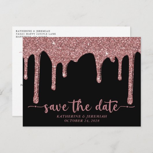 Chic Black Rose Gold Glitzer Tropfen Save the Date Ankündigungspostkarte (Vorne/Hinten)