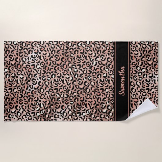 Chic Black Rose Gold Leopard Print Personalisiert Strandtuch (Vorderseite)