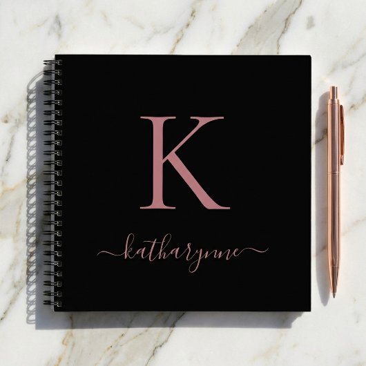 Chic Black Rose Gold Pink Monogram Name Notizblock