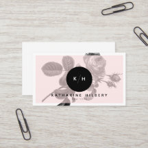 Chic Black Rose & Monogram Pink Business Card