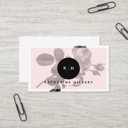 Chic Black Rose & Monogram Pink Business Card Visitenkarte (Vorderseite/Rückseite Beispiel)