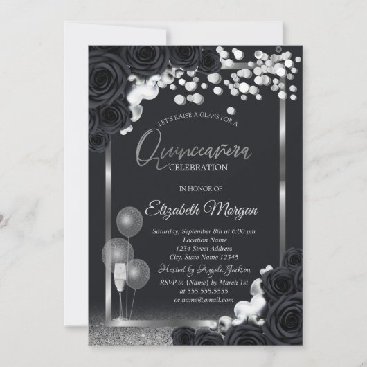 Chic Black Rose Wine Glass Balloons Quinceañera Einladung (Vorderseite)