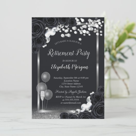 Chic Black Rose Wine Glass Balloons Ruhestand Einladung (Stehend Vorderseite)