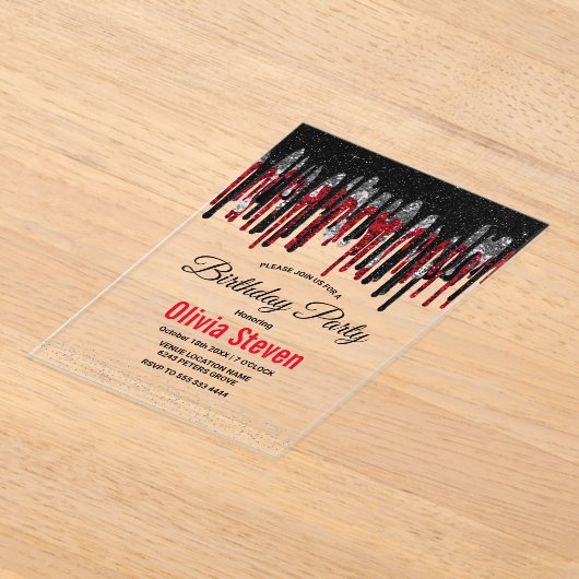 Chic Black Rot und Silber Glitzer Tropfen Geburtst Acryleinladungen (Ablage )