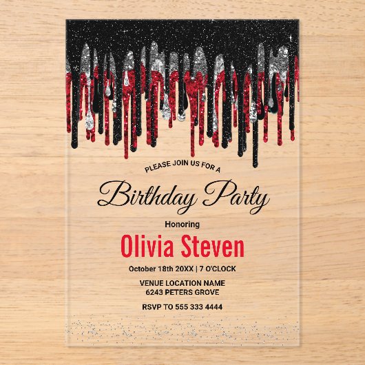 Chic Black Rot und Silber Glitzer Tropfen Geburtst Acryleinladungen (Vorderseite)
