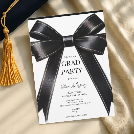 Chic Black Satin Bow Graduation Party Einladung