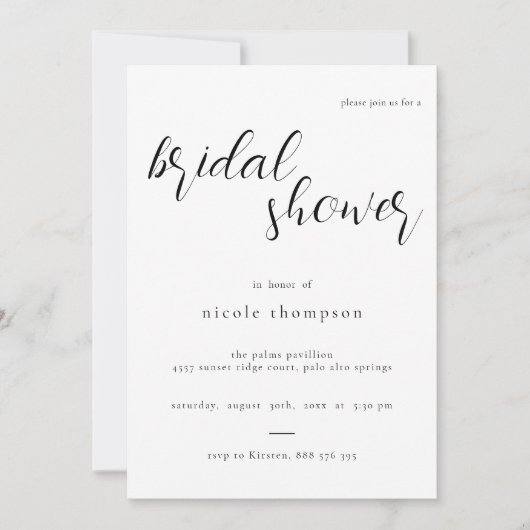 Chic Black Script Bridal Shower Invitation Minimal Einladung (Vorderseite)