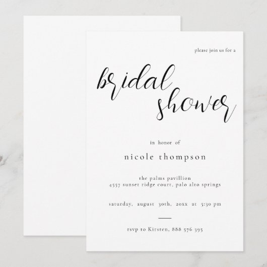 Chic Black Script Bridal Shower Invitation Minimal Einladung (Vorne/Hinten)