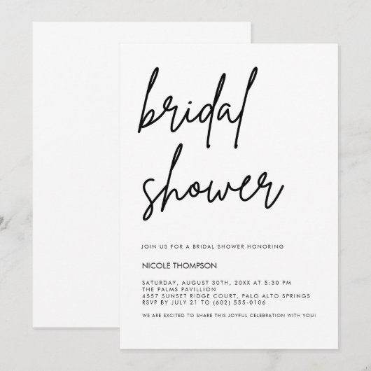 Chic Black Script Bridal Shower Invitation Minimal Einladung (Vorne/Hinten)