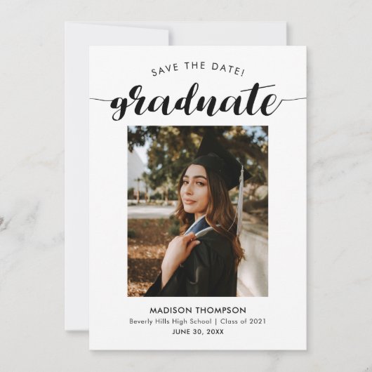 Chic Black Script Calligraphy Abschluss Foto Save The Date (Vorderseite)