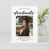 Chic Black Script Calligraphy Abschluss Foto Save The Date (Stehend Vorderseite)