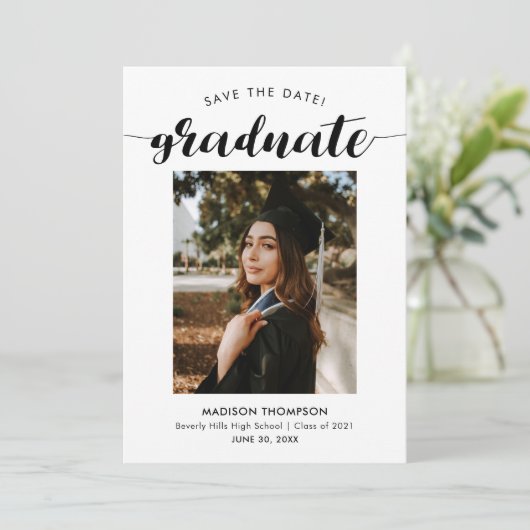 Chic Black Script Calligraphy Abschluss Foto Save The Date (Stehend Vorderseite)