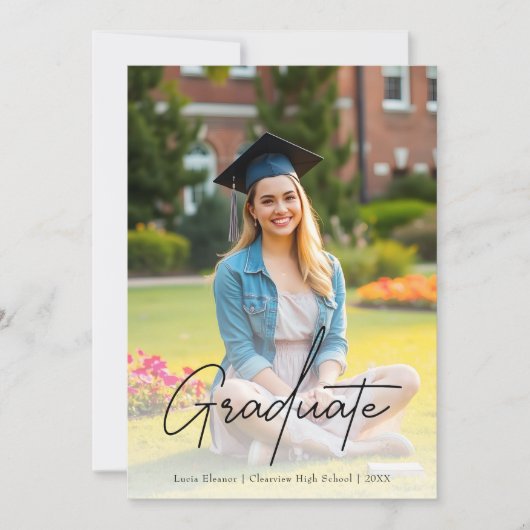 Chic Black Script Graduate Zwei-Foto-Abschluss Einladung (Vorderseite)