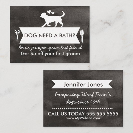 Chic Black Silhouette Dog Grooming Promo Card Visitenkarte (Vorne/Hinten)