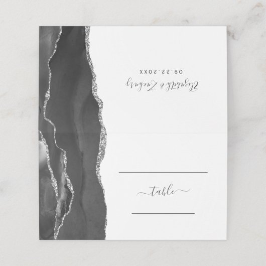 Chic Black Silver Agate Wedding Platzkarte (Außenseite Aufgefaltet)