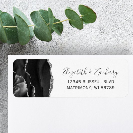 Chic Black Silver Agate Wedding Rücksendeadresse
