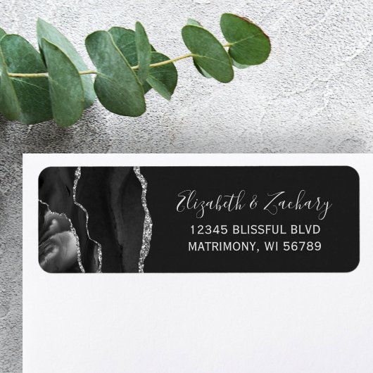 Chic Black Silver Agate Wedding Rücksendeadresse