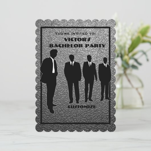 Chic Black & Silver Bachelor Party Einladung (Stehend Vorderseite)