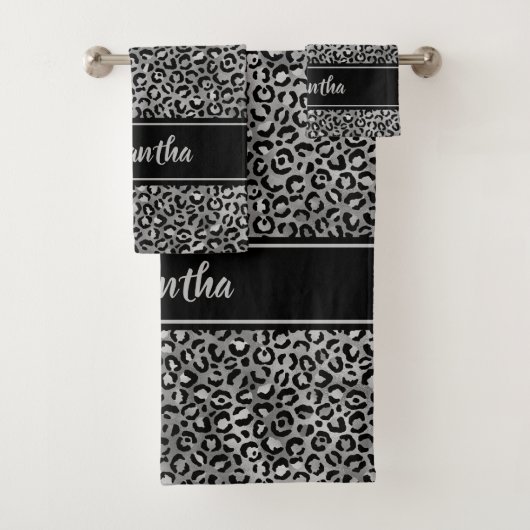 Chic Black Silver Grey Leopard Print Personalisier Badhandtuch Set (Insitu)