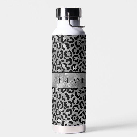 Chic Black Silver Grey Leopard Print Personalisier Trinkflasche (Links)
