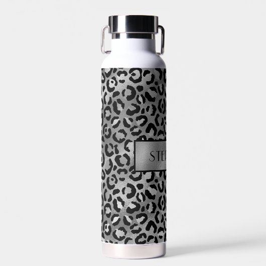 Chic Black Silver Grey Leopard Print Personalisier Trinkflasche (Vorne)