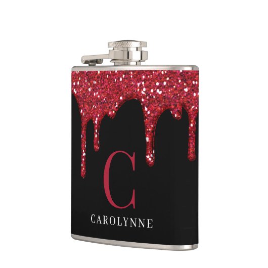 Chic Black Sparkle Glitzer Tropfens Monogram Flachmann (Links)