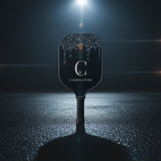 Chic Black Sparkle Glitzer Tropfens Monogram Pickleball Schläger