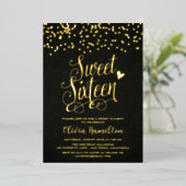 Chic Black Sweet 16 Gold Confetti Foil Einladung (Stehend vorne)