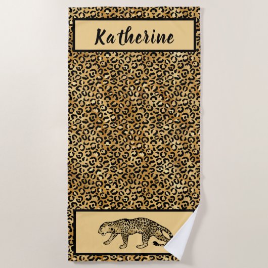 Chic Black Tan Gold Leopard Personalisiert Strandtuch (Vorderseite)