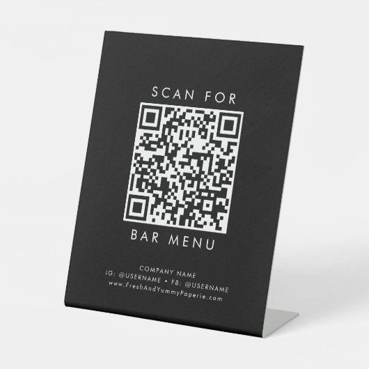 Chic Black Typografy Bar Menu QR Code Sockelschild (Vorderseite)