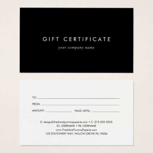 Chic Black Typografy Business Geschenkgutschein (Vorne & Hinten)