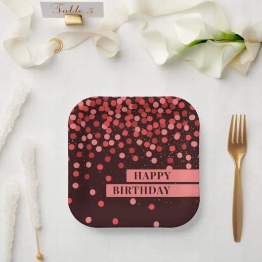 Chic Black und Red Confetti Happy Birthday Pappteller (Hochzeit)