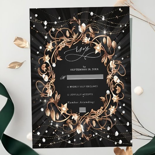 Chic Black Verziert Golden Blätter Hochzeit RSVP Karte