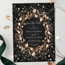 Chic Black Verziert Golden Blätter Save the Date